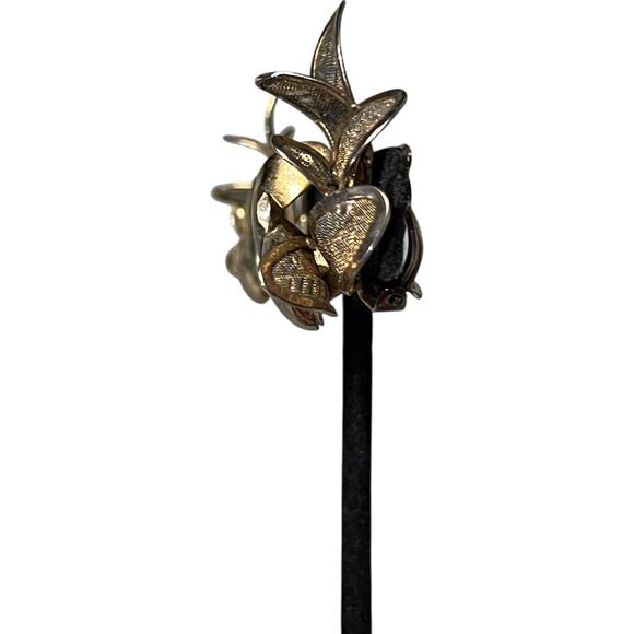 Vintage Bronze Flower Clip On Earrings Statement Petals Crystal Center - Picture 3 of 12